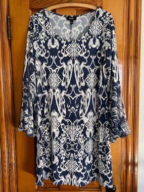 MSK Blue Pattern Flare Bell Sleeve  Stylish Jersey Dress Woman's Size Large